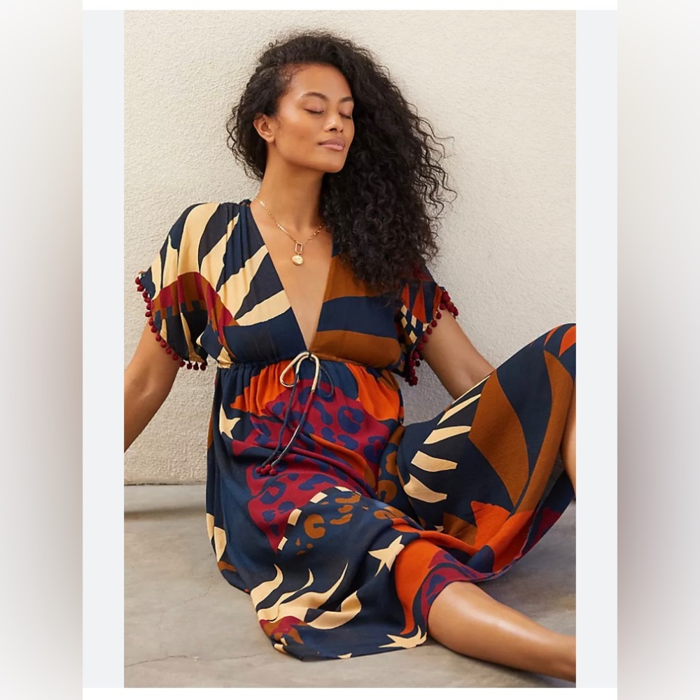 Farm Rio Short-Sleeve V-Neck Cover-Up Midi Dress Size Large NWT
